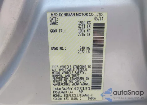 2014 Nissan Altima 2.5 Sv from USA, damaged, VIN 1N4AL3AP2EC423151
